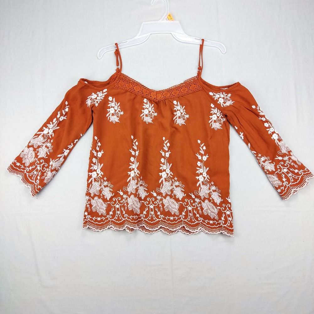 A'GACI Top Womens Medium Orange Cold Shoulder Embroidered Boho Crochet Lace Trim